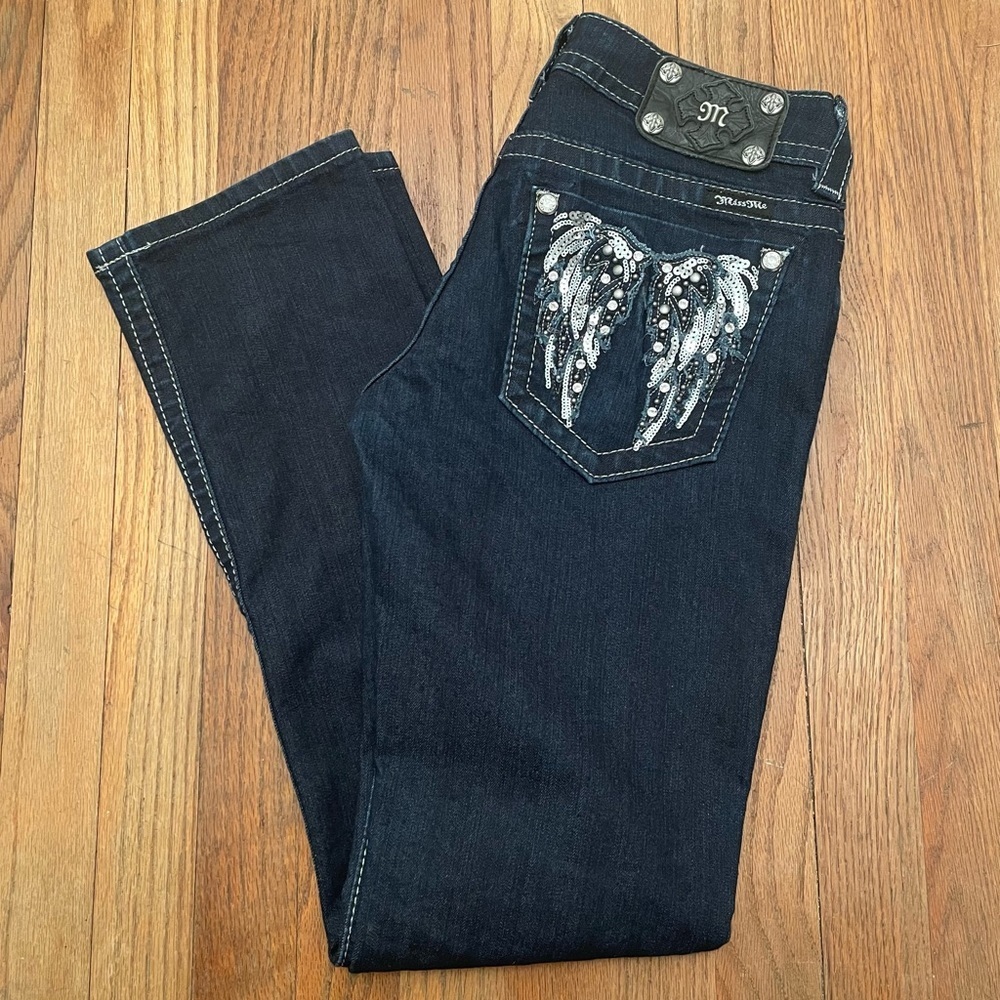 Angel Wing Low/Mid Rise Straight Cut Dark Wash Miss Me Jeans 28
